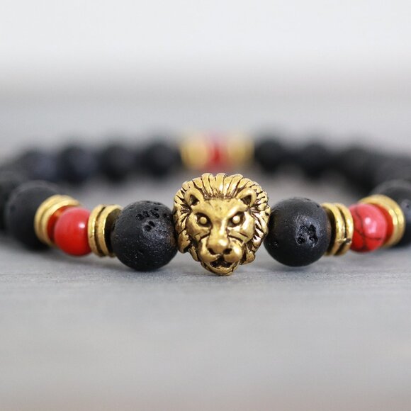 Lion Head Lava Stone Beaded Bracelet | The Gold Gods Black Lava Gemstone Beads/Garnets with Gold Lion Charm Beads Stainless Steel